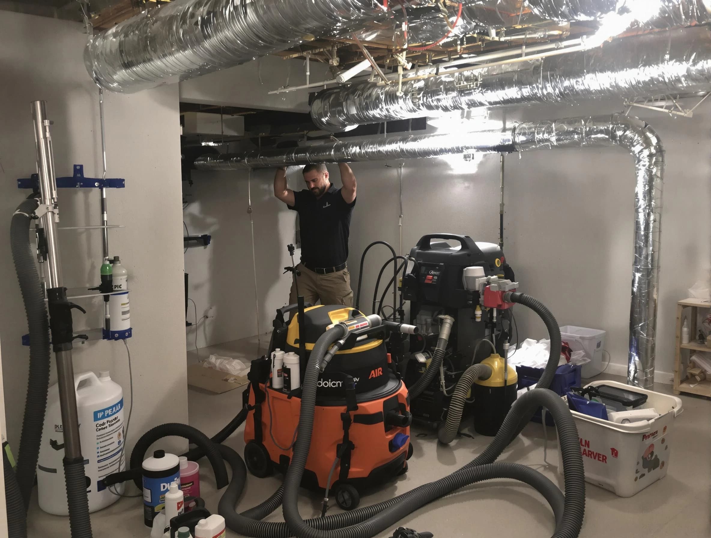 Upper St. Clair Air Duct Cleaning specialist performing professional mold removal from air ducts using safety equipment in Upper St. Clair