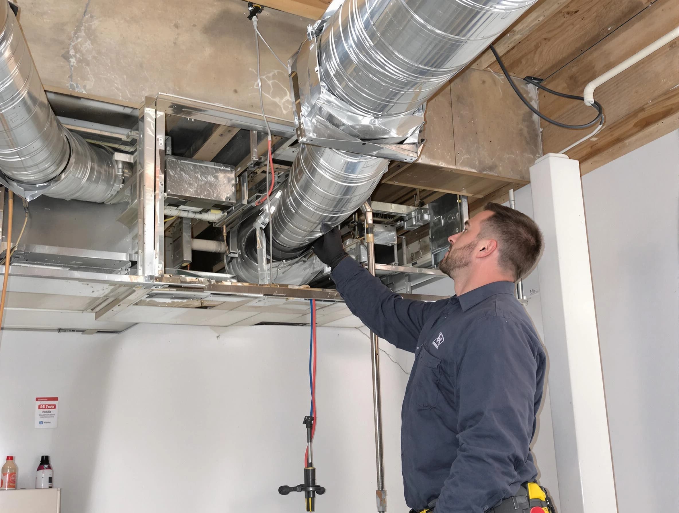 Upper St. Clair Air Duct Cleaning technician performing professional air duct repair using specialized tools in Upper St. Clair
