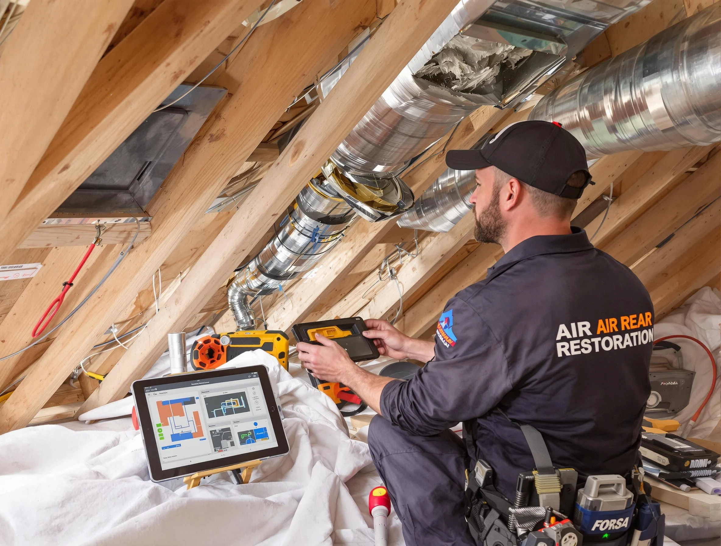 Upper St. Clair Air Duct Cleaning technician performing precise duct repair work in Upper St. Clair