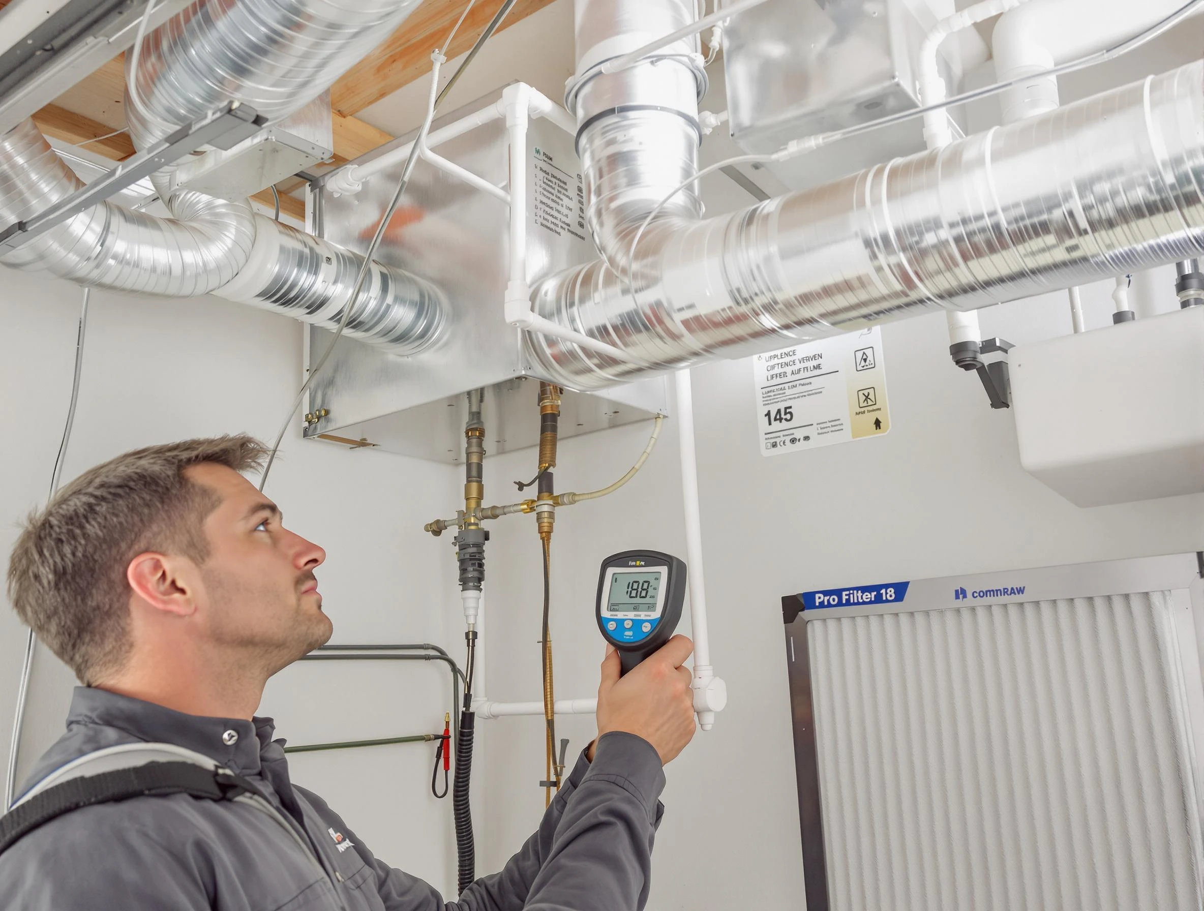 Upper St. Clair Air Duct Cleaning expert conducting detailed filter system inspection using diagnostic tools in Upper St. Clair