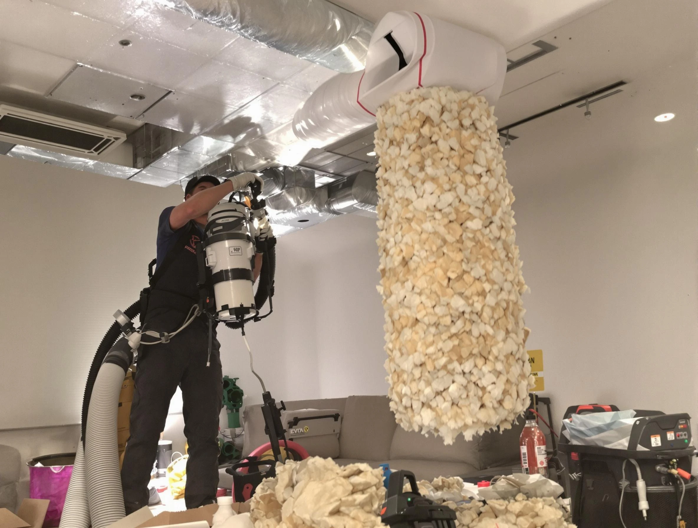 Upper St. Clair Air Duct Cleaning technician performing precision vacuum insulation removal in a residential property in Upper St. Clair
